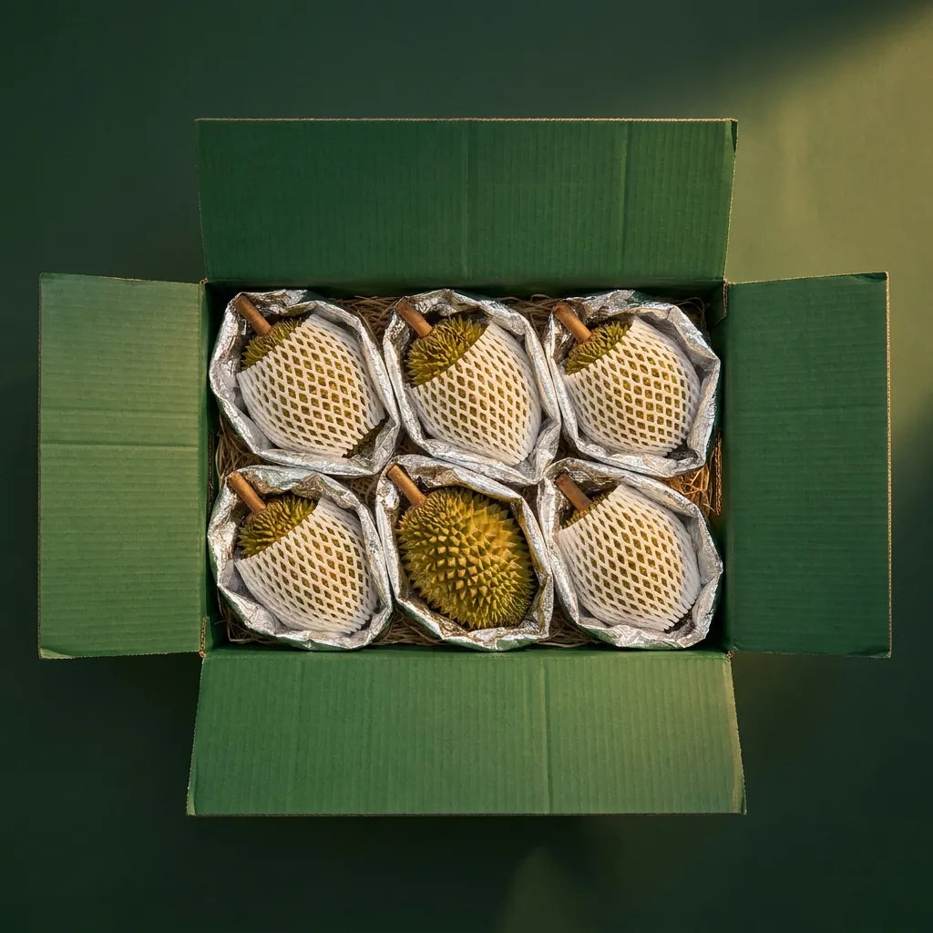 Six insulated Musang King fruits in the crate, overhead