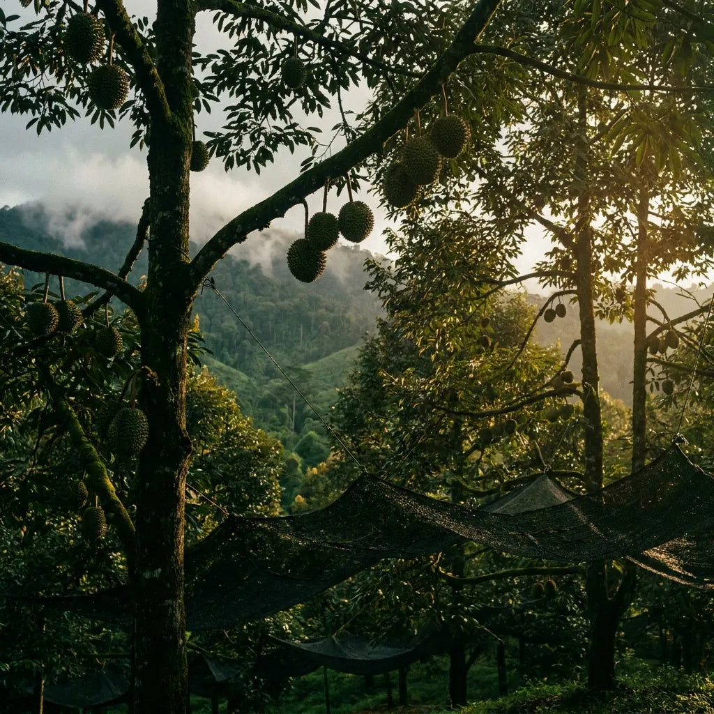 Durian orchard at golden hour