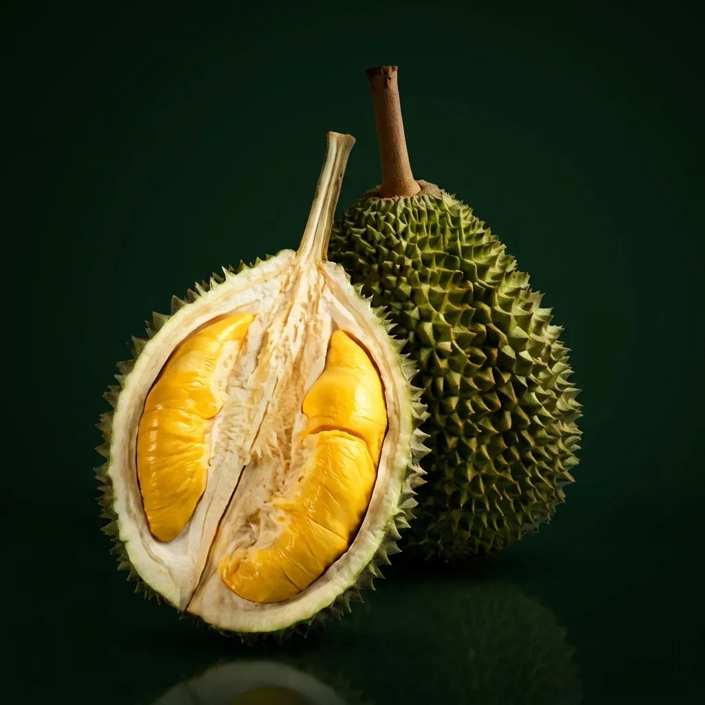 Musang King whole and halved, golden flesh