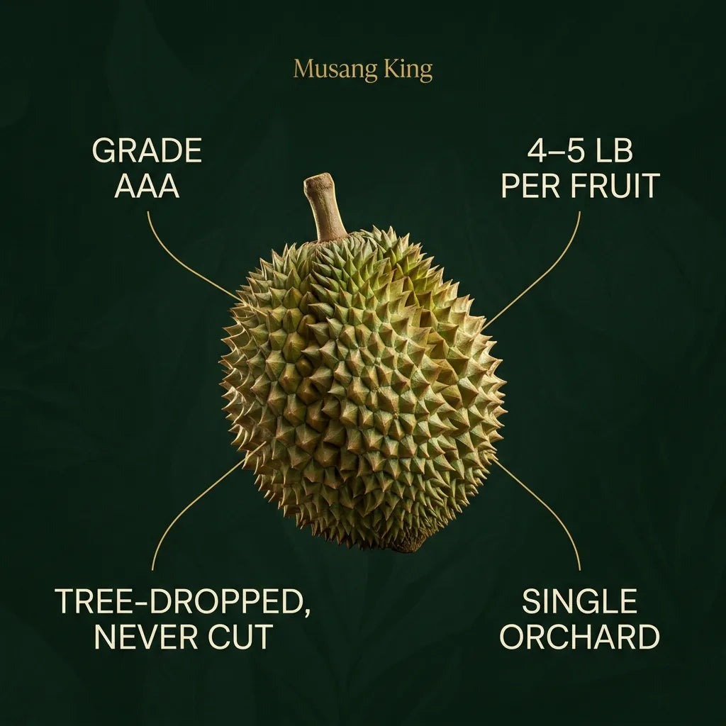 Musang King infographic: Grade AAA, 4–5 lb, tree-dropped, single orchard