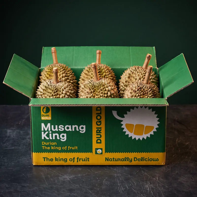 Open Duri Gold box with six whole durians packed inside