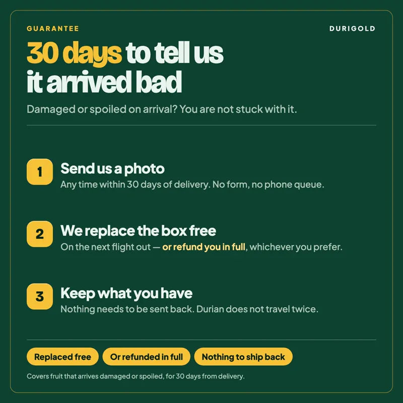 Durigold 30-day guarantee: send us a photo within 30 days if any fruit arrives damaged or spoiled, we replace that fruit free or refund it in full, and nothing needs to be sent back.
